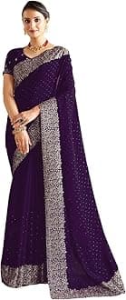 Satrani Women's Vichitra Silk Hot Fixing Embroidery Border Saree with Unstitched Blouse Piece