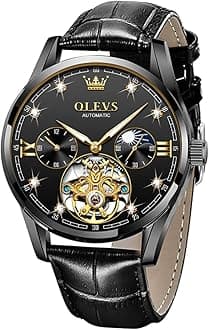 OLEVS Mens Leather Watches Automatic Mechanical Skeleton Tourbillon Diamond Luxury Self Winding Dress Wrist Watches Moon Phase Waterproof Luminous