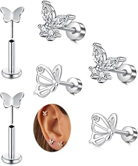 Silver Gold Cartilage Earring for Women Hypoallergenic Flat Back Earrings Threadless Helix Earring Tragus Studs 6mm Cartilage Jewelry Flatback Surgical Steel Butterfly Heart Earrings for Women