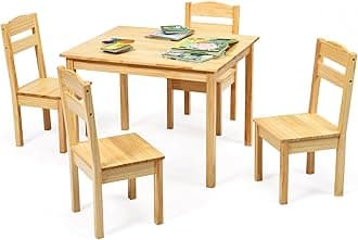 Kids Table and Chair Set, Wooden Children Desk and 4 Chairs, 5 Pcs Kids Activity Furniture for Nursery, Playroom, Preschool and Kindergarten, Boys and Girls Aged 3+ Years Old (Natural)