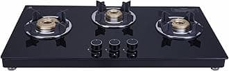 Elica Slimmest 4 Burner Auto Ignition Gas Stove | 773 CT VETRO (TKN CROWN DT AI) | Toughened Glass Top | Forged Brass Burners | Double Drip Trays | Euro-Coated Crown Pan Support | Black