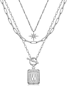 MJartoria Layered Initial Necklaces for Women Trendy, 14K Gold Plated Brass Simple Star Choker Square Letter Pendant Necklace, Paperclip Chain Necklaces Jewelry Gifts