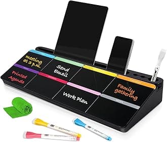 DOLLAR BOSS Glass Desk Whiteboard Calendar Small Dry Erase Board Desktop White Board with Storage Drawer Computer Keyboard Stand Desk Organizer, Colorful Weekly Calendar, Black