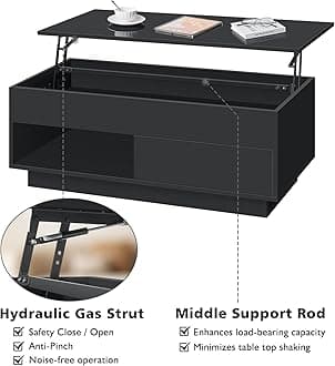 HOMMPA 40" Lift Top Coffee Table with Storage LED Coffee Table Morden High Gloss Living Room 3 Tiers Modern Tea Table with Storage Center Tables Hidden Compartment & Open Shelve & Drawer Black