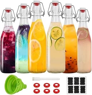 Premify 6 Pack Flip Top Glass Bottles with Airtight Stopper Lids – 16oz Clear Glass Bottles for Kombucha, Fermentation, Kefir, Oil, Water, Milk, Soda & Vinegar – Includes Extra Gaskets,Label &pen