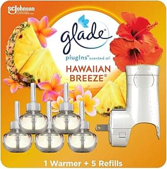 Glade PlugIns Refills Air Freshener Starter Kit, Scented and Essential Oils for Home and Bathroom, Hawaiian Breeze 3.35 Fl Oz, 1 Warmer + 5 Refills