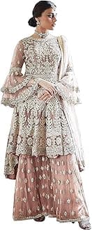 Women's Beige Net Semi Stitched Top With Stitched Net Bottom and Net Dupatta Embroidered Flared Top Dress Material (Kurta Palazzo Set) (D-1027)_Free Size