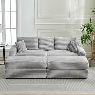 WILLIAMSPACE 82.68" Sectional Sofa Cloud Couch with 2 Ottomans for Living Room, Modern Upholstered 3 Seater Sofa Reading Chair Couch with 2 Pillows, Reclining Sofa Bed, Corduroy (Gray)