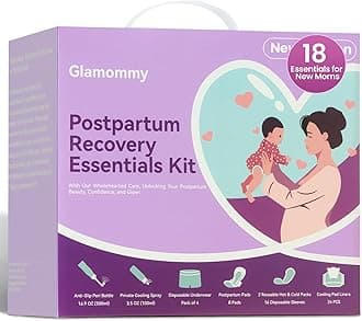 Glamommy Postpartum Recovery Essentials Kit for Women, Labor & Delivery Postpartum Care, Peri Bottle, Cooling Spray, Disposable Postpartum Underwears, Postpartum Pads, Hot&Cold Packs, Soothing Liners