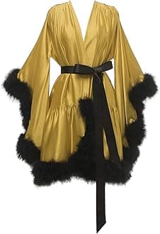 Changuan Women's Feather Robe Silk Satin Fur Bridal Robe Short Dressing Gown Bathrobe Lingerie Nightgown Sleepwear