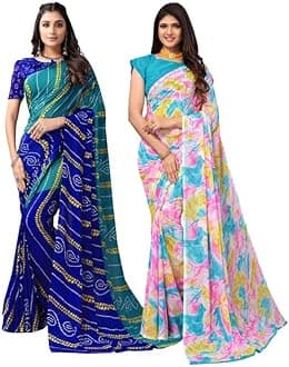 SIRIL Women's Georgette Printed Saree With Unstitched Blouse Piece Combo Pack Of 2