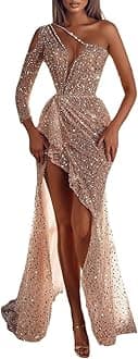 MABIBIlong skirts Women's One Shoulder With Slit Sequin Cocktail Maxi Dress Wedding Evening Party Dress