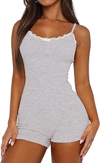 Romper Pajamas for Women One Piece Sexy Pjs U Neck Sleeveless Lace Trim Romper Cute loungewear Summer Sleepwear