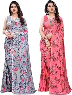 SIRILWomen's Georgette Printed Saree With Unstitched Blouse Piece Combo Pack Of 2