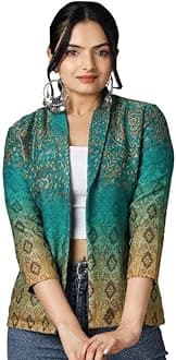 FAB CURATE with tagline CURATE YOUR OWN FABRICFabcurate Cultural Charm Ethnic Jacket for Women Teal Blue | Shawl Collar with 3/4 Sleeves Pashmina Jacket for Ladies | Fashionable Casual Wear
