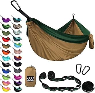 Gold ArmourGold Armour Camping Hammock - XL Double Hammock Portable Hammock Camping Accessories Gear for Outdoor Indoor with Tree Straps, USA Based Brand (Khaki and Dark Green)