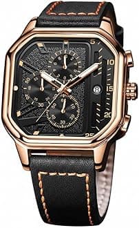 Azonee Square Watches for Men, Black Leather Strap, Analog Quartz Dress Watch, Fashion Business Watch Luminous Waterproof Casual Wrist Watches