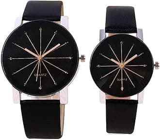 Acnos® Premium Black Dial Black Case Leather Analog Couple Watch Combo for Men and Women Pack of - 2