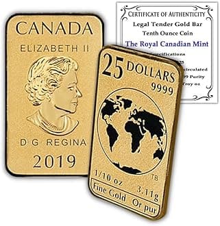 2019 1/10 oz RCM Gold Bar Coin by the Royal Canadian Mint Brilliant Uncircula...