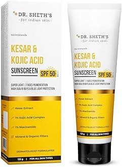 Dr. Sheth's Kesar & Kojic Acid Sunscreen | SPF 50+ PA++++ | Pigmentation-Free Skin | High UVA/B, Blue Light Protection | No White Cast & Lightweight | Non Sticky | All Skin Types |For Men & Women|125g