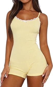 Lacozy Romper Pajamas for Women One Piece Sexy Pjs U Neck Sleeveless Lace Trim Romper Cute loungewear Summer Sleepwear