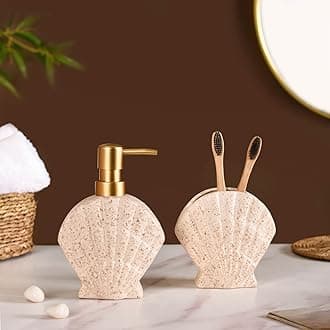 Nestasia Beach Shell Ceramic Bath Set of 2 - Cream Beige Soap Dispenser & Toothbrush Holder | Coastal Bathroom Accessories