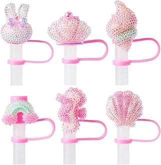 6Pcs Glitter Pink Straw Cover Cap for Stanley Cup, 10mm Reusable Cute Pink Drinking Straw Topper Accessories, Portable Protector Plugs Decorations Gifts for Kids Party Favors