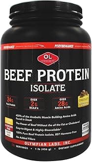 Beef Protein Isolate Powder, 24g Protein, BST Free, 2 Grams BCAA's, Muscle Building Amino Acids, 1 Pound, Flavored with Real Chocolate