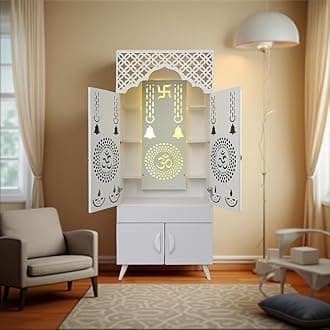 MATTERHORN Divine Dwellings Pious Engineered Wood Pooja Mandir|Temple for Home|Office|Temple, Floor Mounted for Office and Shops with Led Back Light Made(Qty-1, Whita Mist, 1490mmx605mmx350mm)