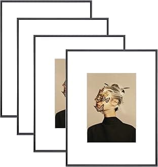 9x12 Picture Frame Set of 4, Matted Black Simple Modern Brushed Thin Aluminum Metal Photo Frame Fits 6x8 with Mat or 9 x 12 without Mat Vertical and Horizontal for Tabletop and Wall Mounting