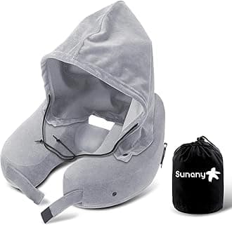 Sunany Neck Pillow for Travel Inflatable Airplane Pillow Comfortably Supports Head,Neck and Chin,Inflatable Travel Pillow with Soft Velour Cover,Hat,Portable Drawstring Bag (Grey)