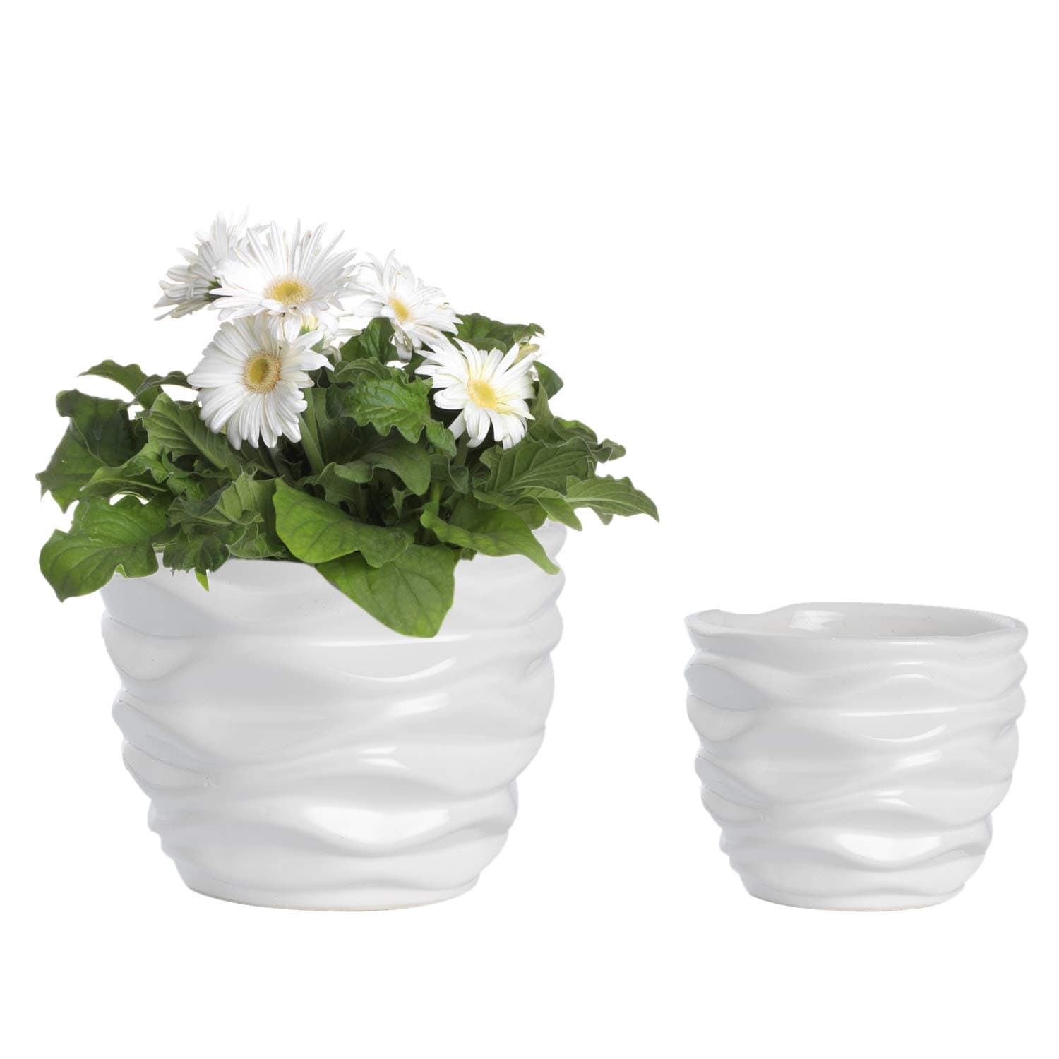White Ceramic Flower Pots, Modern Design Waving Curve Texture Tabletop Succulent Planter, Set of 2 …