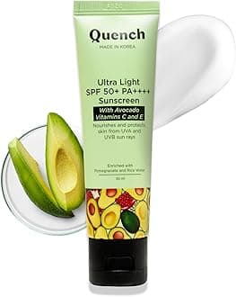 QUENCH BOTANICS Bravocado SPF 50+ PA++++ Korean Sunscreen With Vitamin E & Avocado For Glowing Skin, Lightweight & Non-Sticky, UVA & UVB Protection For Unisex Of All Skin Type, 50ml (Pomegranate)