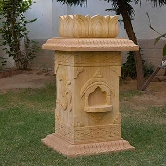 HANDICRAFT BAZAAR Marble Tulsi Pot for Home | Tulsi Marble Planter for Roof, Porch Balcony (Brown Carving)