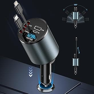 120W 4 in 1 Car Charger Retractable Car Phone Charger with Retractable Cables and Voltage Display, for 12V / 24V Vehicles, Compatible with i-P-hone, Android, Samsung Galaxy