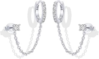 PAVOI 14K Gold Chain Earrings for Women | Double Piercing Dangle Chain Huggie Hoop Earrings | Cubic Zirconia Pearl Stud Ear Cuff Earrings for Women