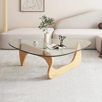 Triangle Coffee Table Modern Noguchi End Table, Solid Wood Base and 8mm Thick Tempered Glass Top Accent for Living Room Office Hotel Patio (Natural Wood Legs + Transparent Glass, 32 * 22 * 16)