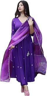 Women's Cotton Blend Anarkali Embroidered Kurta with Pant & Dupatta