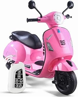 12V Vespa Rechargeable Battery Ride-On Scooter for Kids with Remote Control, Music, LED Lights & Training Wheels - Safe & Fun Electric Motorcycle for Ages 1-6 - Pink