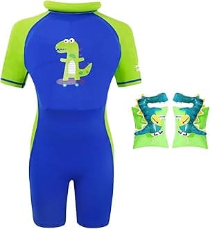 Floatation Swimsuit for Boys Girls with Adjustable Buoyancy, Kids One Piece Swimwear Float Suit for Swimming Trainer, Toddler Bathing Suit Rash Guard Back Zipper with Arm Floaties