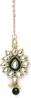 Karatcart Traditional Gold Plated Beads Kundan Maang-Tikka for Women (Green), Metal Alloy, green beads and kundan
