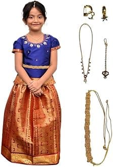 Siya Traditional Pattu Pavadai Lehnga Choli Includes Jewellery Belt Embroidery South Indian Cotton Round Neck Design Dress Ethnic Davani Chinna Complete Set (Blue, 5-6Y)