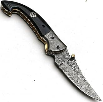 Limited Edition - FNA-32 Custom Handmade Damascus Steel Folding Knife - Beautiful Camel Bone Handle with Damascus Steel Bolsters (Black Bone)