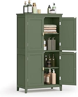 VASAGLE Floor Storage Cabinet, Freestanding Storage Unit with 4 Doors, Adjustable Shelves, 11.8 x 23.6 x 43.3 Inches, for Entryway, Bathroom, Forest Green UBBC552C01