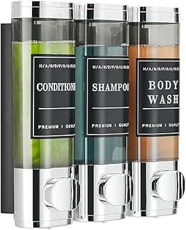 Shower Soap Dispenser Wall Mounted No Drill Shampoo Dispenser for Shower Wall Shampoo and Conditioner Dispenser Bathroom Hotel 3 * 300ml Chrome with Labels