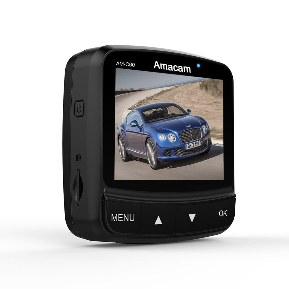 On Dash Cam Amacam AM-C60 Compact Car Camera Night Vision Super Full HD1080P. 160 Degree Wide Angle Lens. GPS Route & Maps. Supports up to 64GB Memory Cards. Online Technical Support.