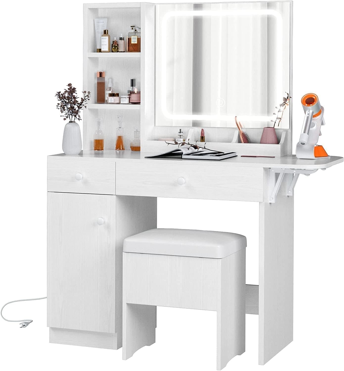 IRONCK Dressing Table Desk with LED Lighted Mirror and Power Outlet, Makeup Table with Drawers and Wardrobe, Storage Stool for Bedroom, White