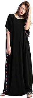 FloernsWomen's Pom Pom Trim O Neck Casual Loose Maxi Kaftan Dress