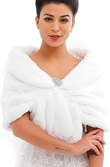 Aukmla Women's Wedding Fur Wraps and Shawls Bridal Fur Stoles Scarf with Rhinestones Brooch for Bride and Bridesmaids