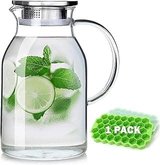 88OZ Glass pitcher with lid and Spout，High Heat Resistance Pitcher water jug for Hot/Cold Water & Iced Tea Wine Coffee Milk and Juice Beverage Carafe with Ice Tray (2.6L)